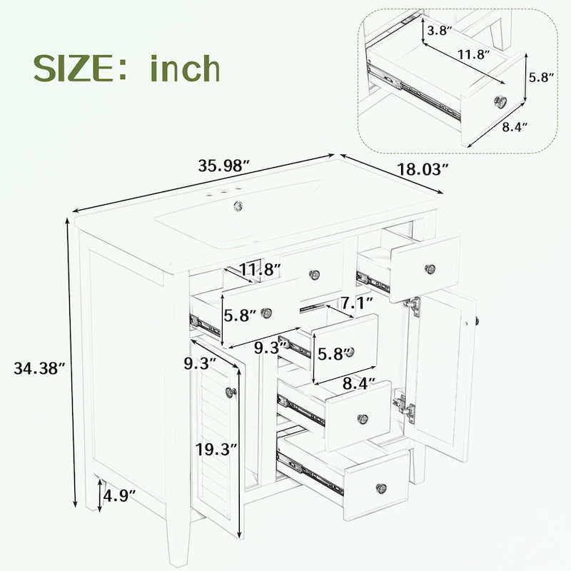 Bathroom Vanity with Ceramic Basin, Two Cabinets and Five Drawers