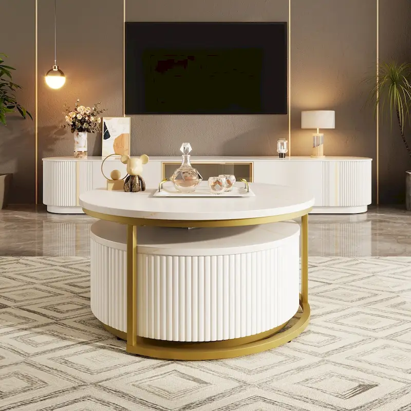 Modern Round Nesting Coffee Table Fluted with Drawer
