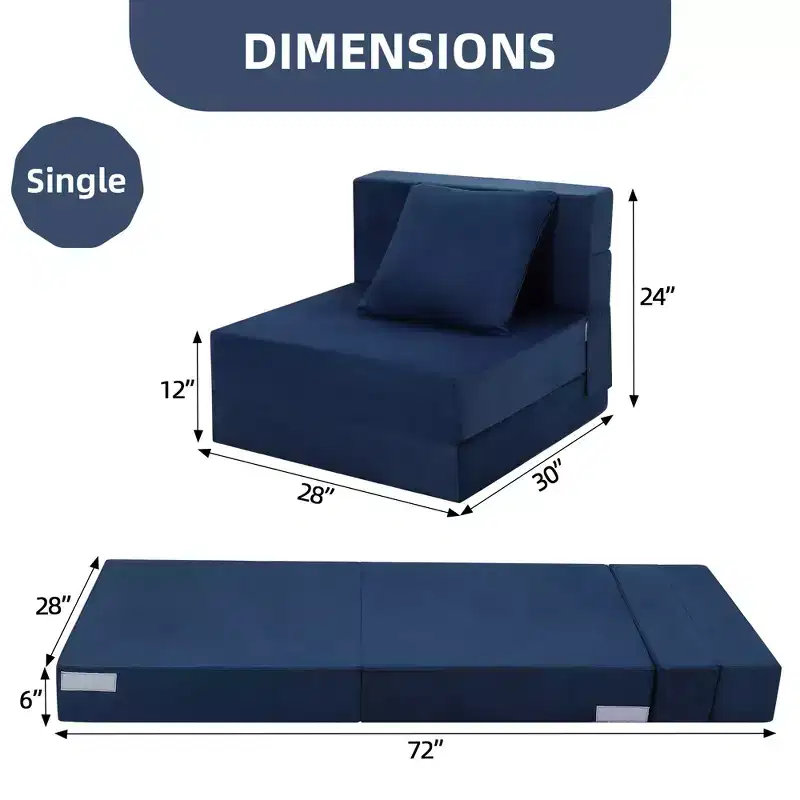 Folding Sofa Bed with Pillow, Convertible Sleeper Mattress, Memory Foam Washable Cover, Single Size