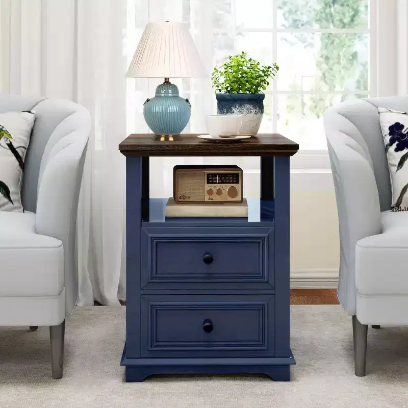 Dyonery Nightstand 18 White End Table with Charging Station Rustic Wood Tall Bedside Table