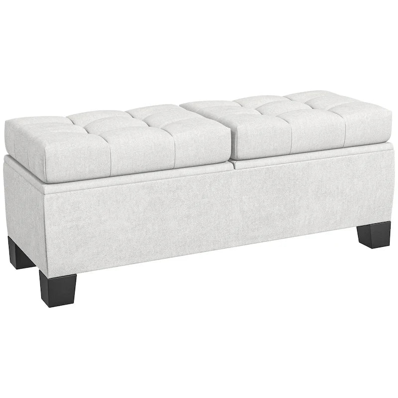 Button-Tufted Linen Storage Bench with Steel Frame and Safety Hinges – Cream White / Gray, 2-Person Use