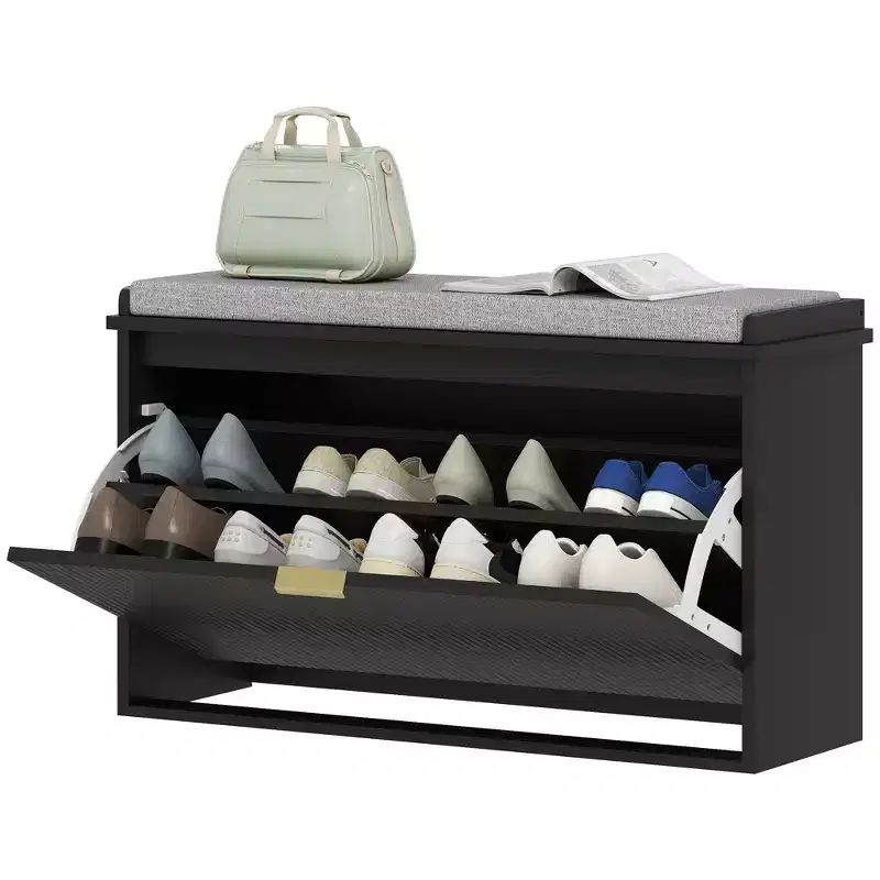 Shoe Storage Bench with Padded Seat Cushion and Flip-Drawer, Entryway Bench, Shoe Cabinet, 31.5x10.2x18.7 Inches