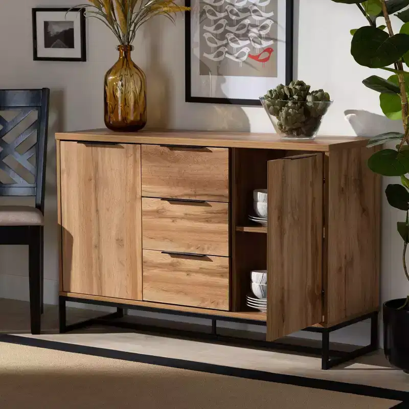 Reid Wood & Metal 3 Drawer Sideboard Buffet Oak/Black - Baxton Studio