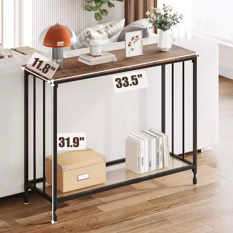 33.5/41.5 Console Table, Industrial entryway Table, Narrow Sofa Table with Glass Shelf