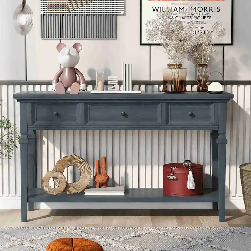 Retro Style Console Table with 3 Drawers and Open Bottom Shelf - Gray Wash