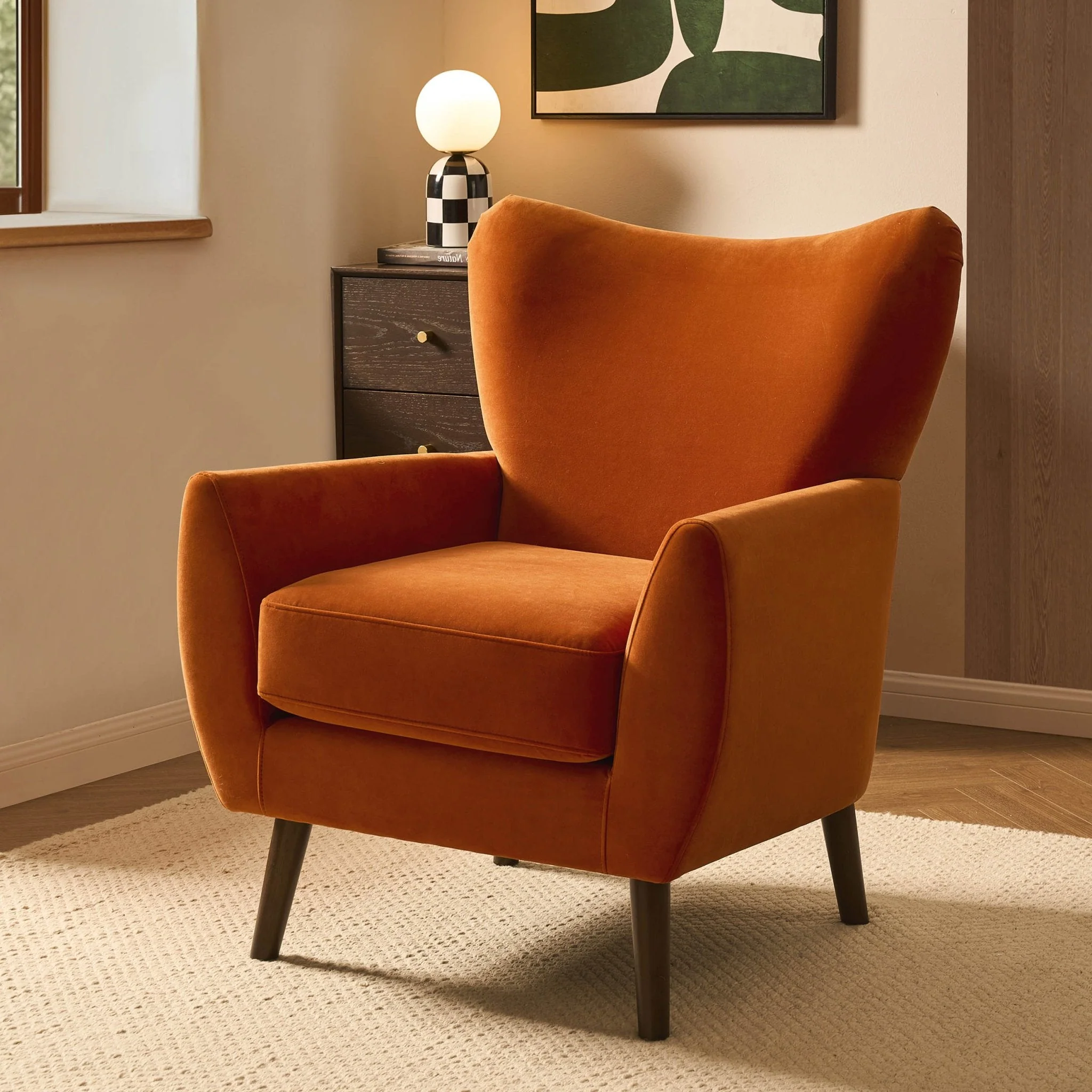 Retro Bright Orange Fabric Accent Chair with Statement Colour for Living Room