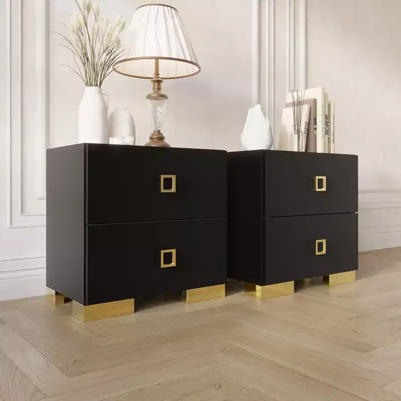 Set of 2 Nightstands with Drawer, Gold Metal Legs, White/Black