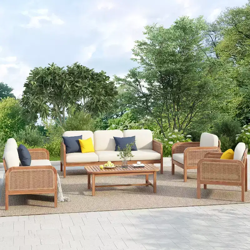 Christopher Knight Home Winona Patio 5 Piece Farmhouse Acacia Wood Wicker Seating Set with Slatted Coffee Table