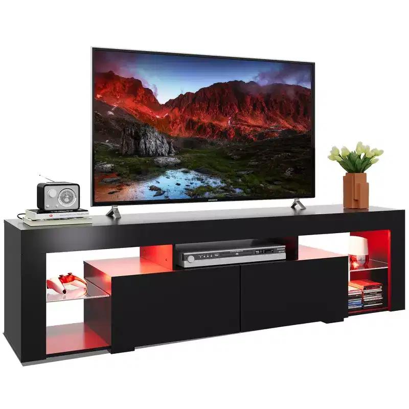 63 in TV Stand for 55/60/65/70 Inch TVs, Modern Entertainment Center with Open Shelves, Wood TV Console with 2 Storage Drawers, Black