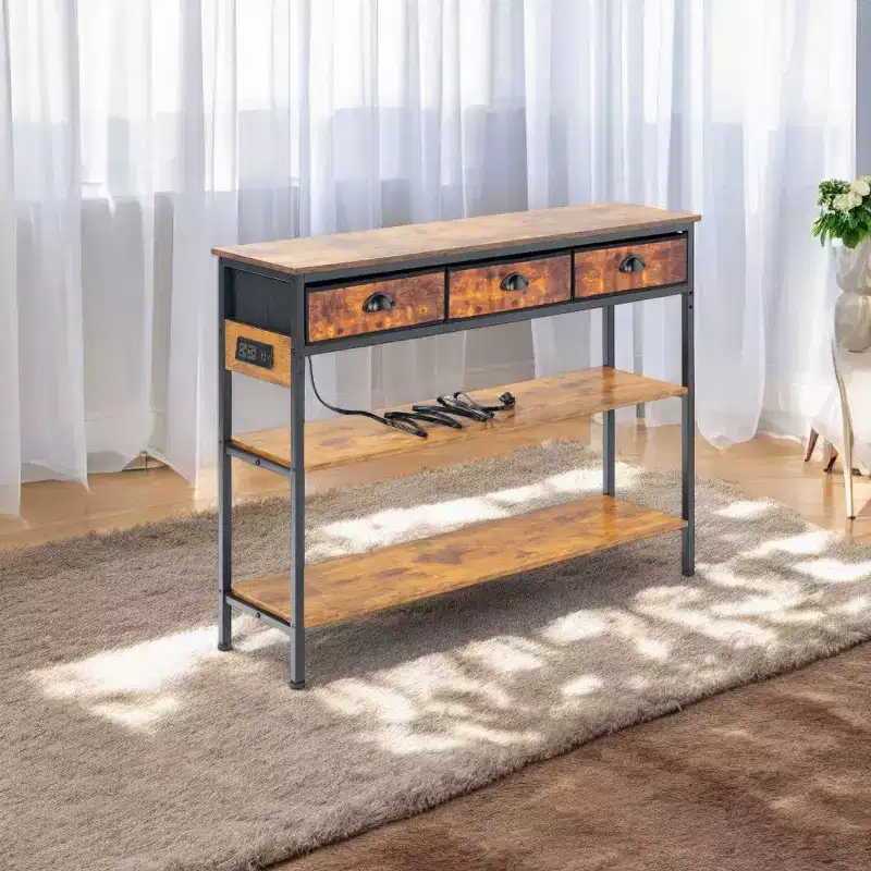 Brown & Black 3-Tier Console Table with Power Outlets, USB Ports & 3 Fabric Drawers (1-Person Assembly)