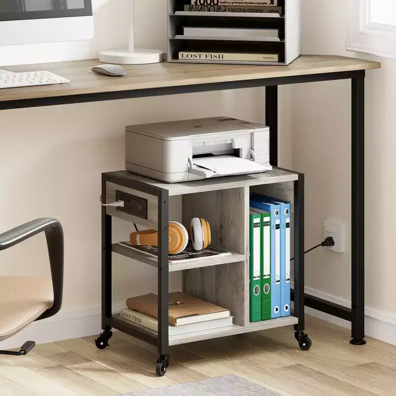 Under Desk Printer Stand, Industrial Printer Table with 3 Storage Shelves, Mobile Heavy Duty Printer Cart with Lockable Wheels, Home Office