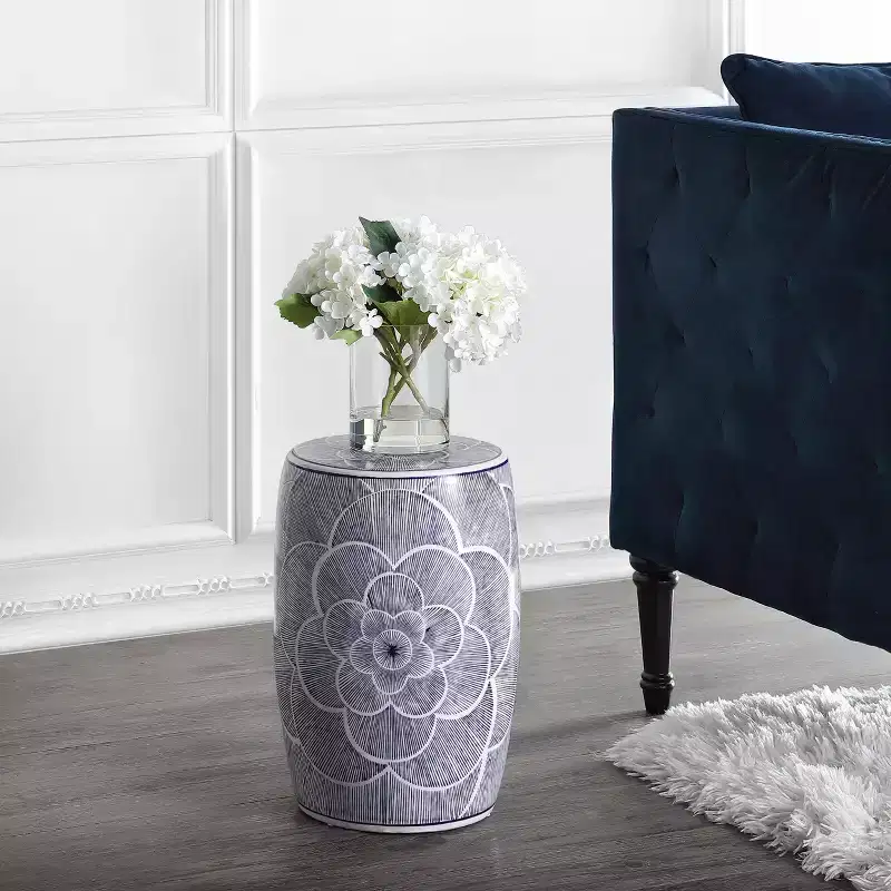 JONATHAN Y Camellia 17 Ceramic Drum Garden Stool/Accent Table, Blue