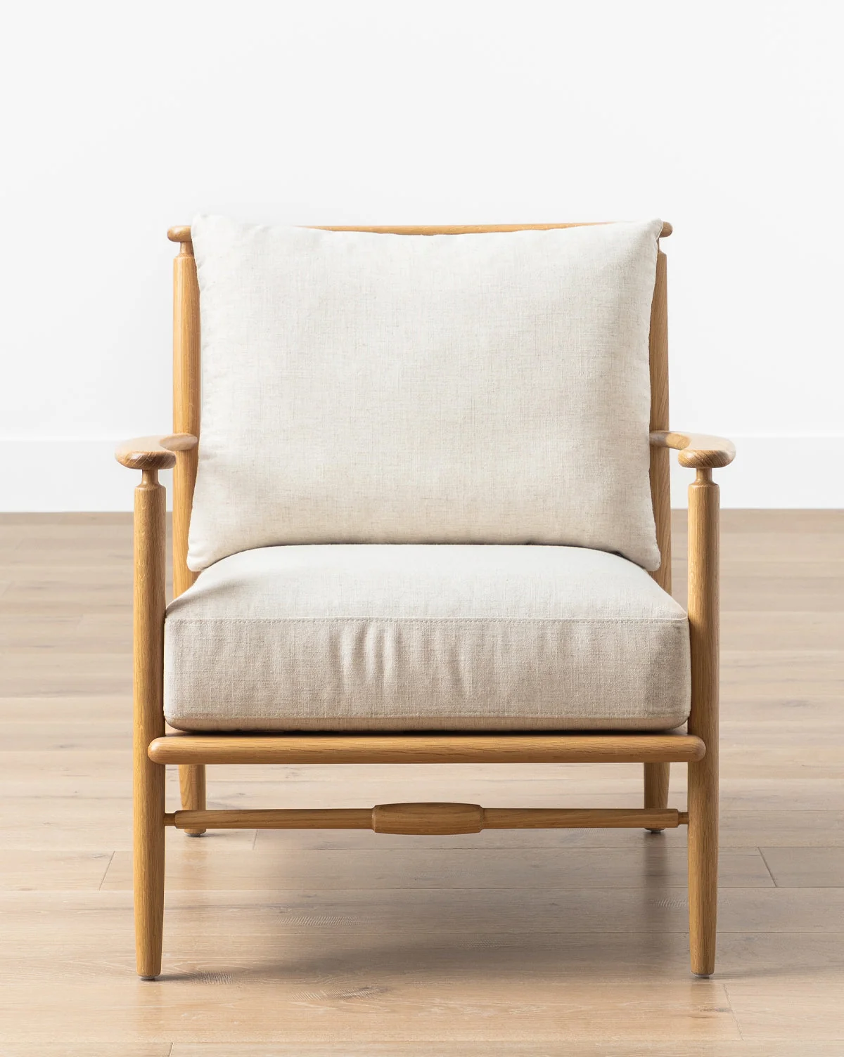 Scandinavian Solid Oak Lounge Chair with Natural Linen Cushions for Living Room