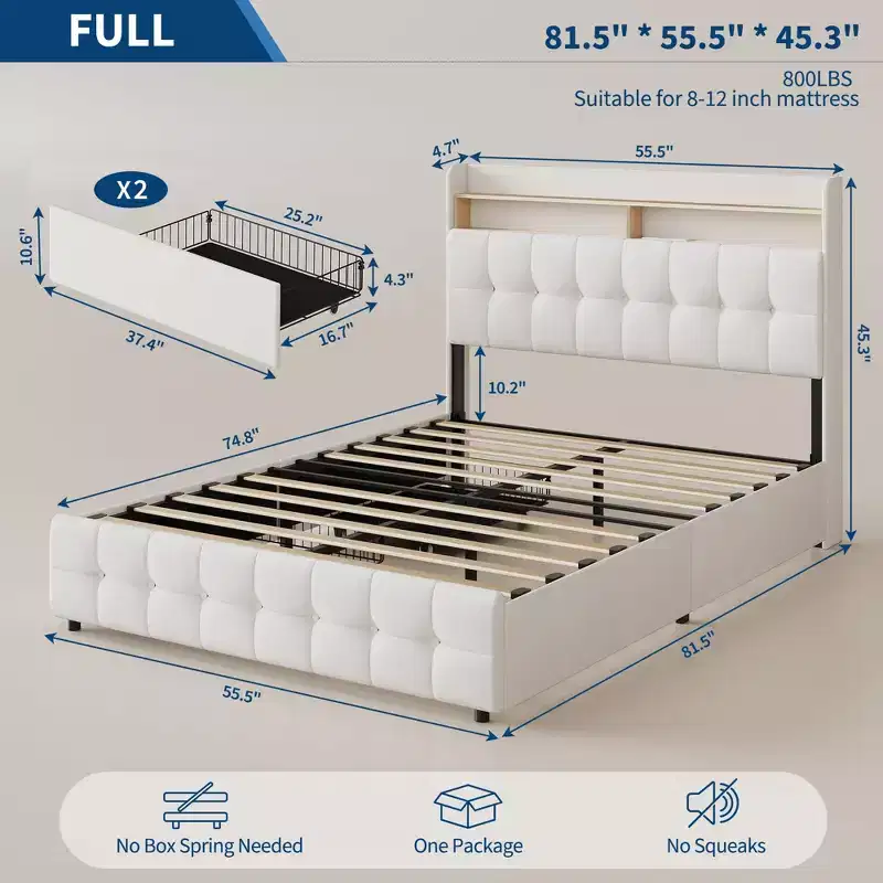 Full Size Upholstered Platform Bed Frame with Storage Headboard and 2 Drawers, Plush Fabric, No Box Spring Needed