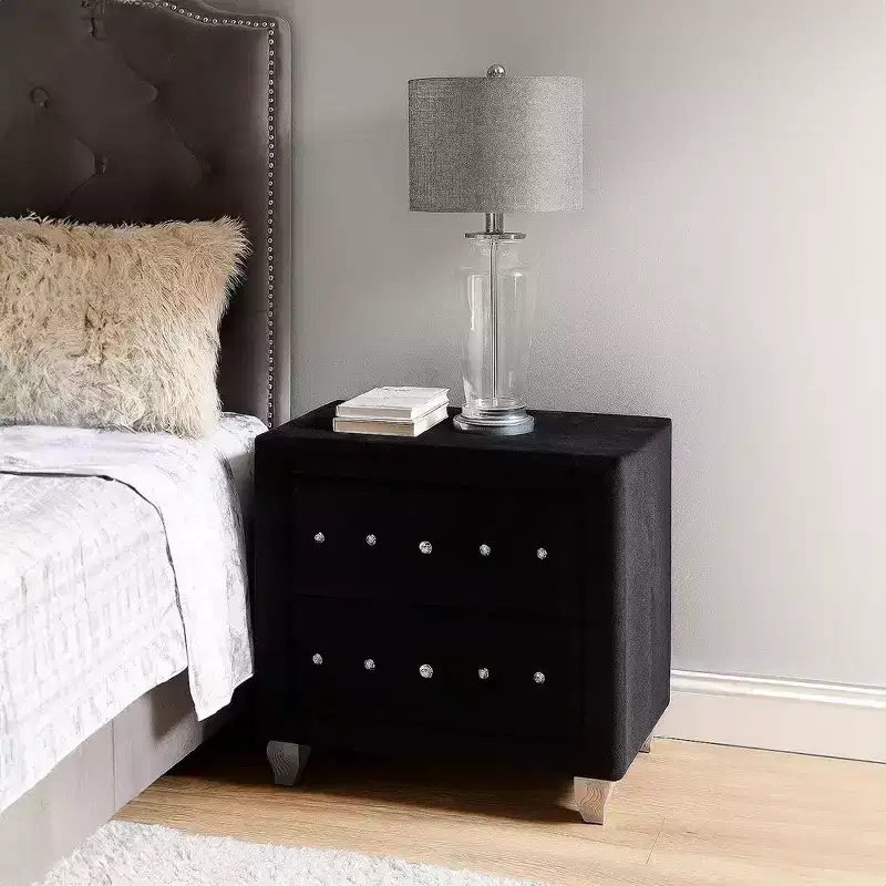 Glam Black Velvet Nightstand with 2 Drawers and Crystal Knobs