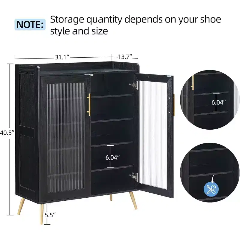 Acekool 5-Tier Shoe Cabinet with Glass Doors, Adjustable Shelves, Entryway Shoe Organizer, Space-Saving Storage for Home, Black