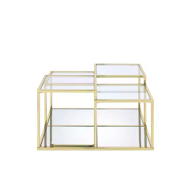 34 in Square Coffee Table, Tempered Glass Top with Gold Metal Frame, 34x34x19 in