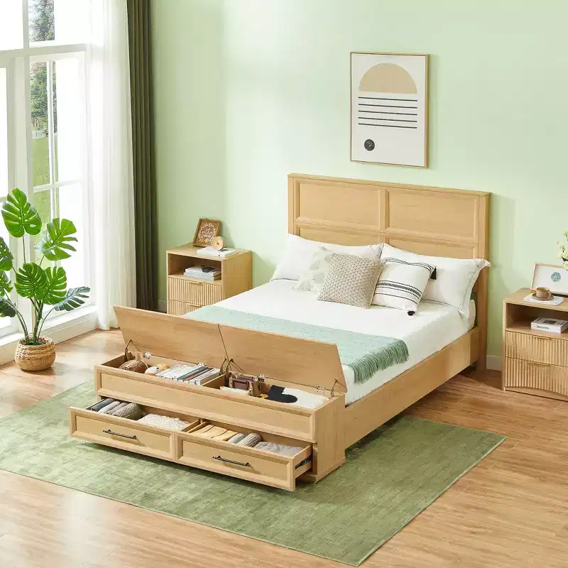 ModernLuxe Queen/King Platform Bed Frame with Drawers, Storage Bench & 3D Geometric Headboard