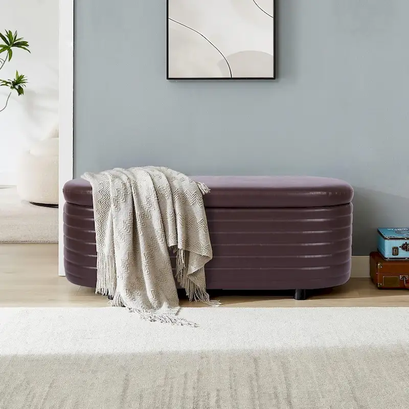 Modern Home PU Leather Storage Bench, Entryway Padded Footstool with Solid Wood Legs, End of Bed Seat for Living Room Bedroom