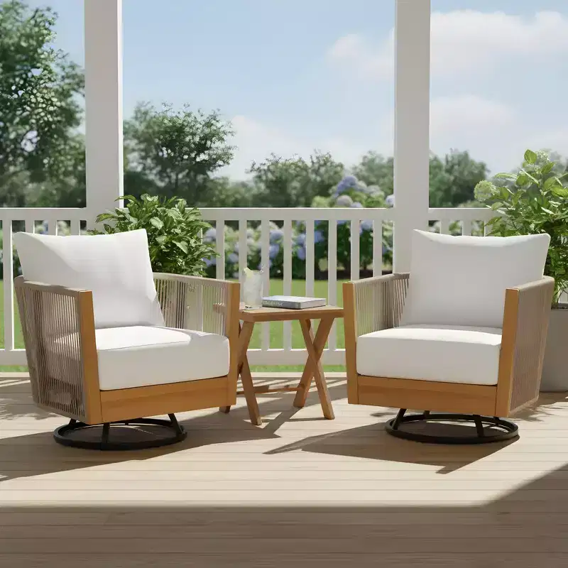 Christopher Knight Home Thanh Modern 3 Piece Acacia Patio Swivel Chairs with Rope Design and Slatted Table Set