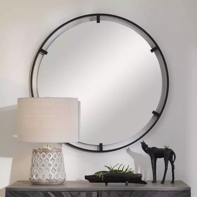 Uttermost Round Vanity Decorative Accent Wall Mirror Modern Satin Black Iron Frame 34 Wide for Bathroom Bedroom Living Room Home
