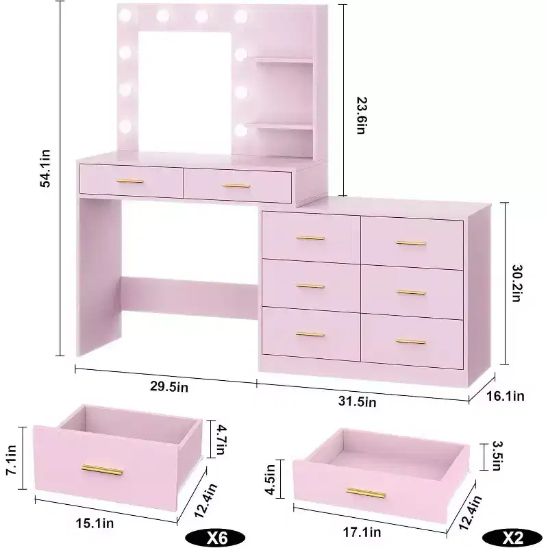 Pink Makeup Vanity Desk with Lighted Mirror, 8 Drawers & 2-Tier Shelves