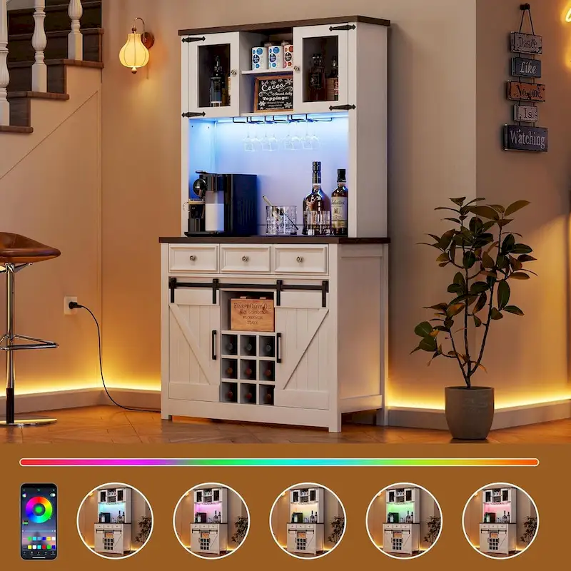 Modern Farmhouse Coffee Bar Cabinet with LED Lights & Power Outlets, Kitchen Cabinet