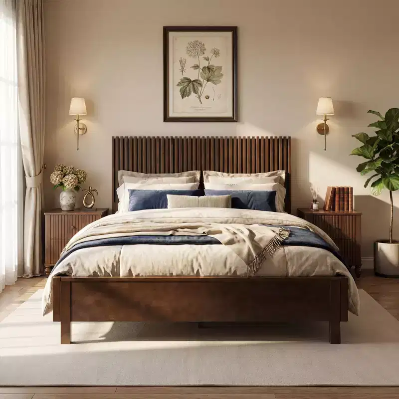 Queen/King Size Platform Bed Frame with Vertical Slat Headboard Modern Rustic Bed, No Box Spring Needed