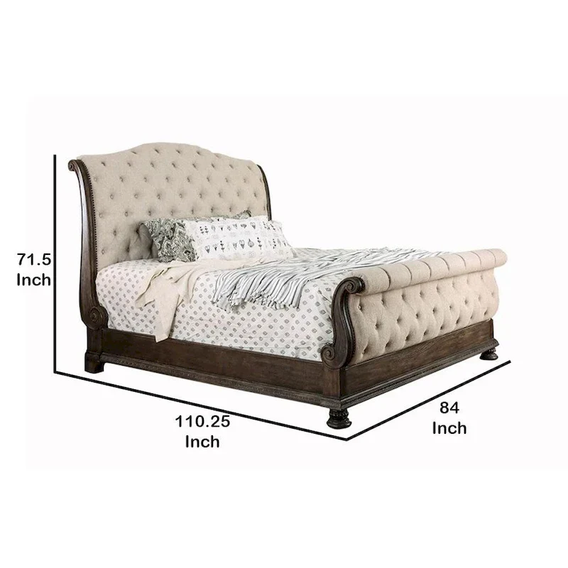 Sleigh Bed with Tufted Headboard and Footboard - Brown and Beige