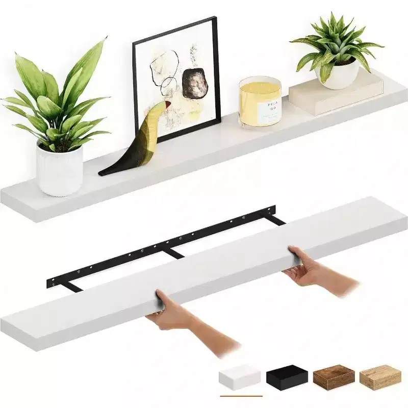 Floating Shelves 55 Inch Wood Wall Shelf Set of 2 with Brackets White 6 Inch Deep for Bathroom Living Room