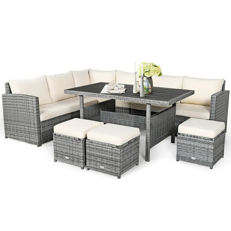 7 Pcs All-Weather Patio Rattan Dining Furniture Sectional Sofa Set with Wicker Ottoman and Cushed Couch