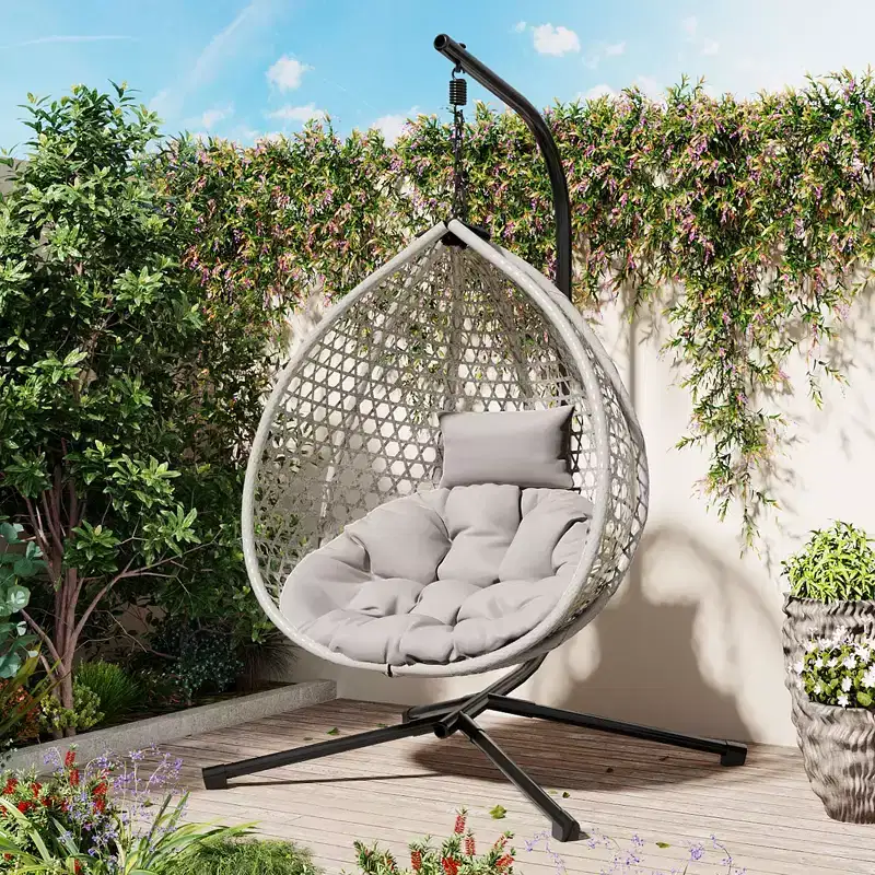 GDFStudio Anderson Hanging Egg Rattan Chair with Stand and Soft Removable Cushion