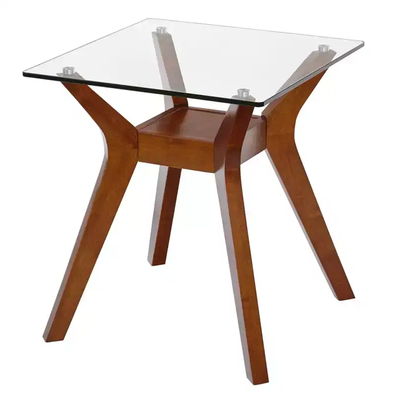 Glass Top End Table – Walnut Finish, Mid-Century Modern Style