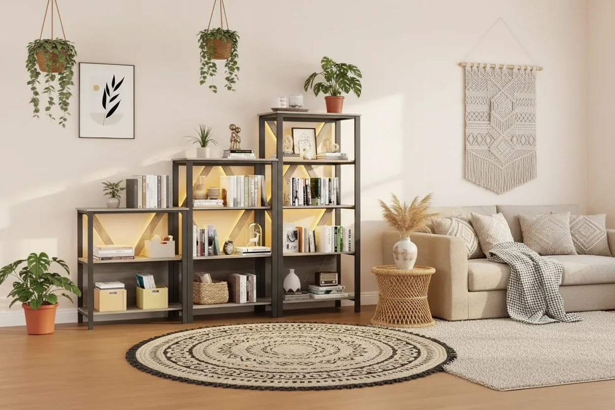 Industrial Bookcase, Modern Metal Display Shelf Organizer for Living Room, Office