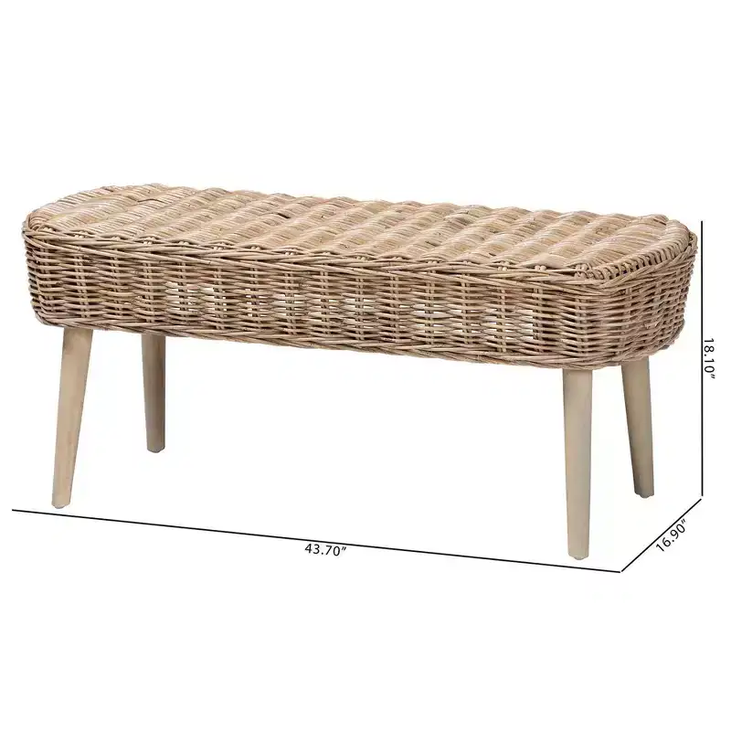 &  Natural Kubu Rattan and Acacia Wood Accent Bench Gray