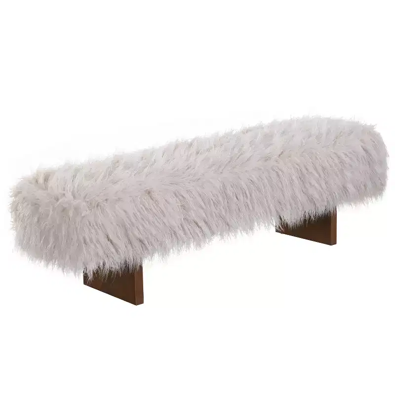 Upholstered Ottoman Bench, Long-Haired Faux Wool with Solid Rubber Wood Legs, Brown
