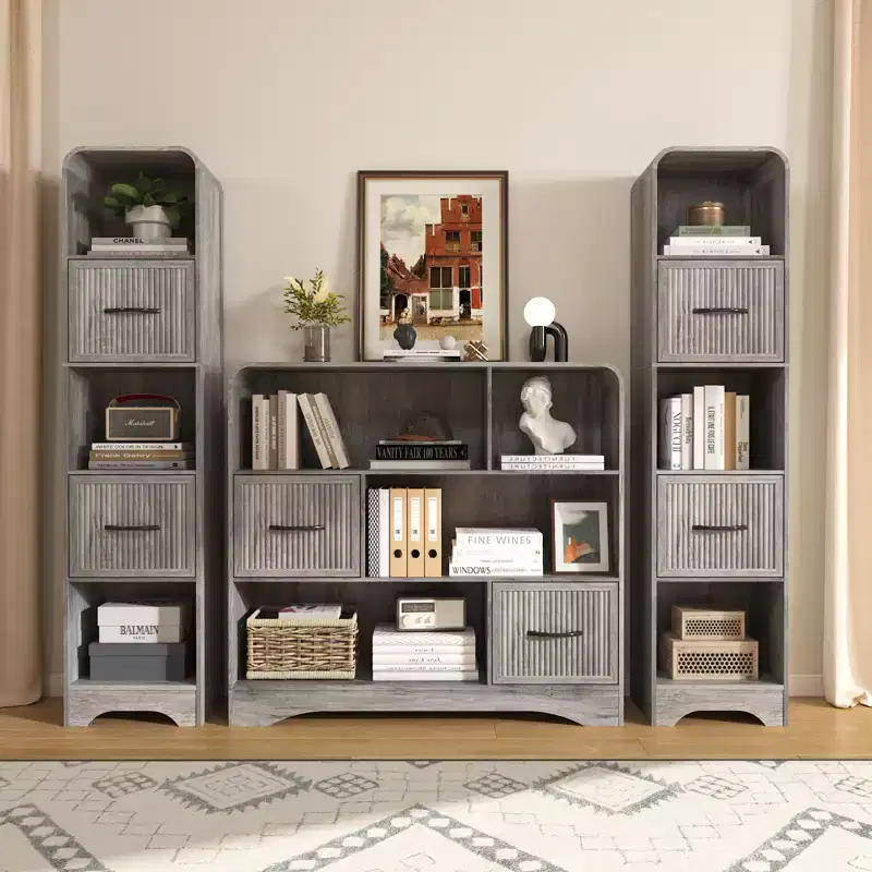 70 Modern Bookshelf with 2 Adjustable Bins, Wooden Bookcase for Office Apartment