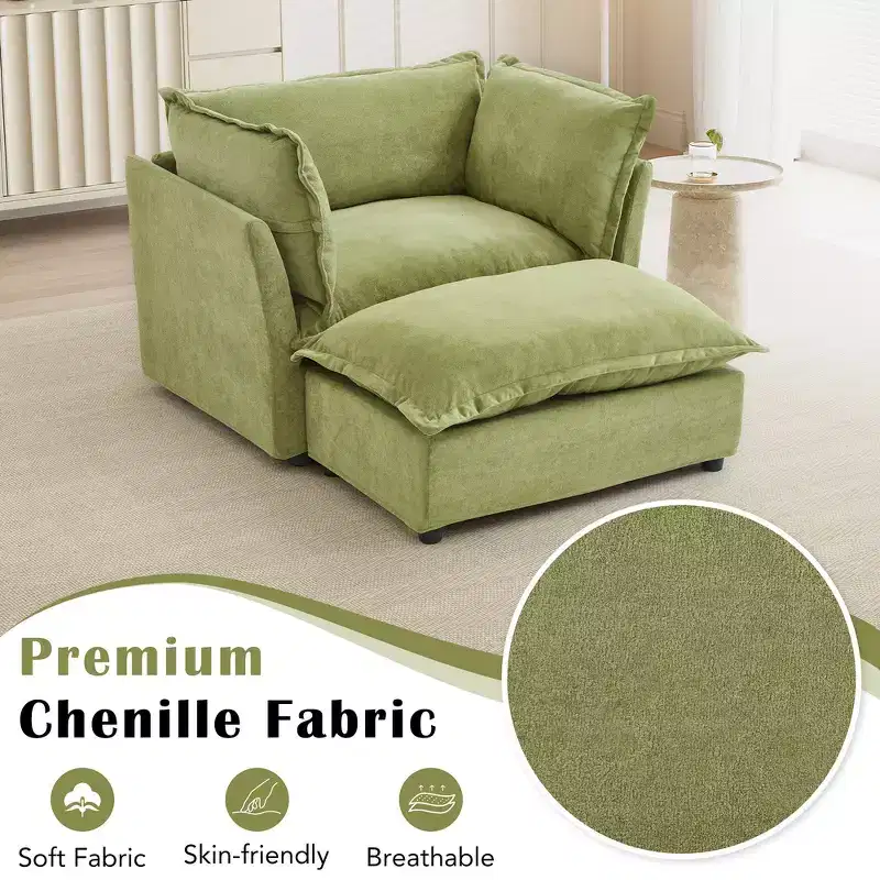 Chenille Armchair with Movable Ottoman, Wide Seat & Curved Armrests