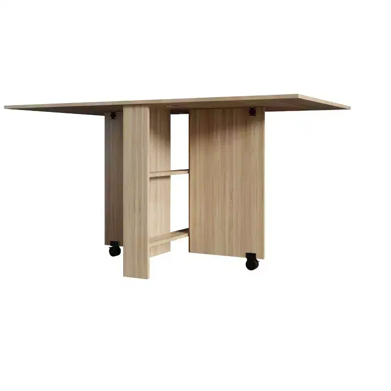 Okak 55IN Modern Extendable Kitchen Table, Space-Saving Dining Table with 2 Wheels and 2 Storage Racks, Foldable Table for Living Room, Wood