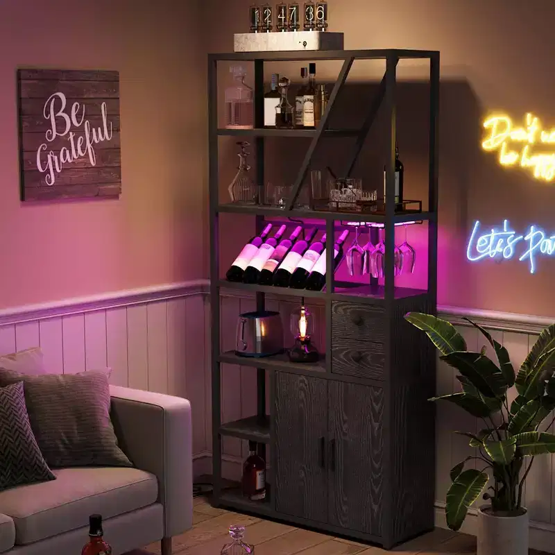 Wine Bar Cabinet, Tall Coffee Bar Station, Microwave Stand with Storage, Farmhouse Coffee Bar Cabinet Station with Wine Rack, Goblet Holder