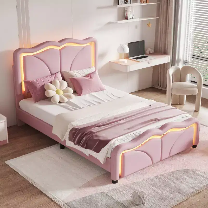 Twin/Full Upholstered Platform Bed with Curve Shaped and Height-adjustbale Headboard, PU Platform Bedframe with LED Light Strip