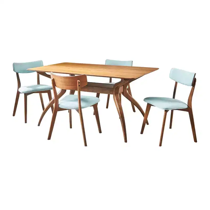 Mid-Century Modern Wood Fabric Upholstered 5 Piece Dining Set