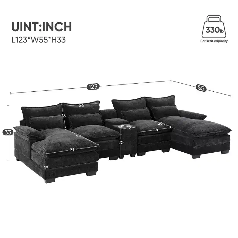 Whisen Modern Design Chenille U-shaped Sectional Sofa with Cup Holders and USB Charger