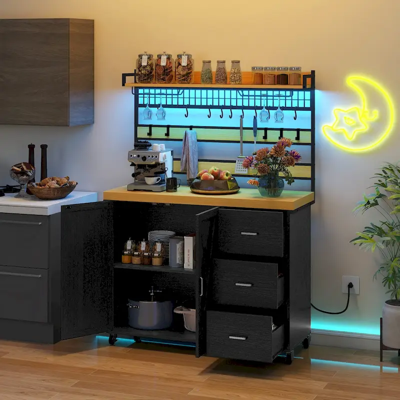 53-Inch Rolling Kitchen Island with Power Outlet, LED Light & Tall Shelf