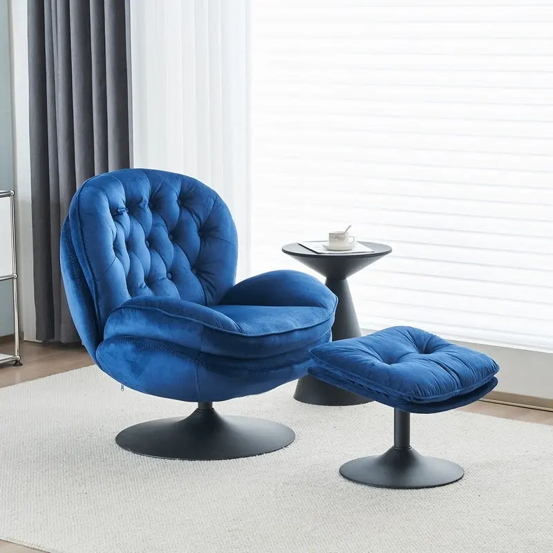 Velvet Swivel Accent Chair with Ottoman Round Reading Accent Chair Foot Stool Ottoman Set,360 Swivel,Metal Frame