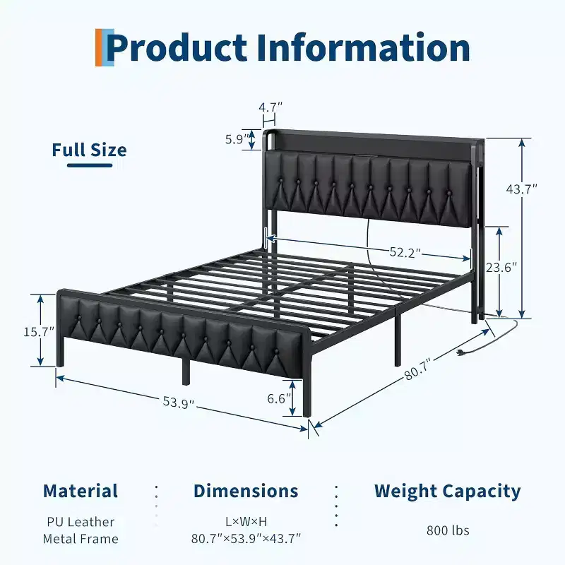 Bed Frame with PU Faux Leather and Soft Headboard, Metal Platform Bed Frame with Storage, No Box Spring Needed Black