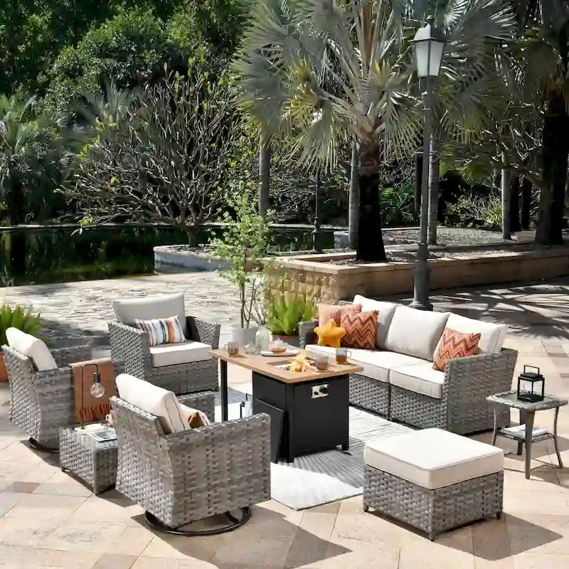 OVIOS 10-Piece Patio Wicker Conversation Rocking Chair Set With Fire Table
