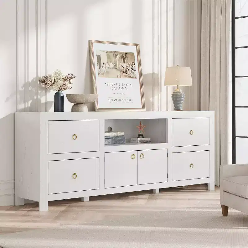Farmhouse TV Stand for 75/80 Inch TVs with 6 Storage Drawers, Entertainment Center with Soundbar Shelf, White Television Consoles Stands