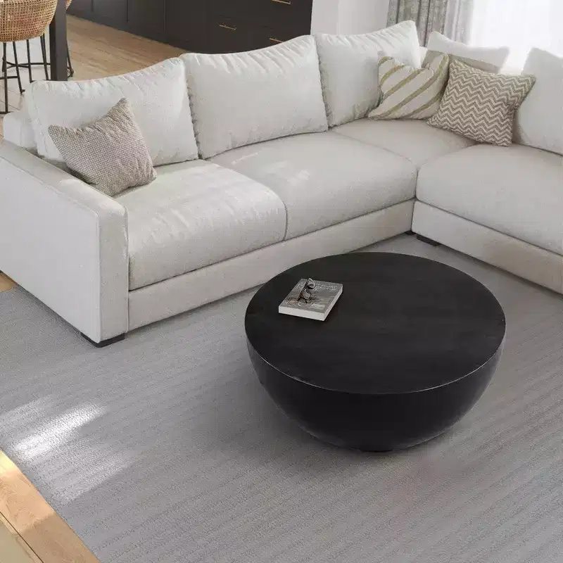 30 Inch Modern Art Coffee Table, Round Drum Shape, Solid Mango Wood