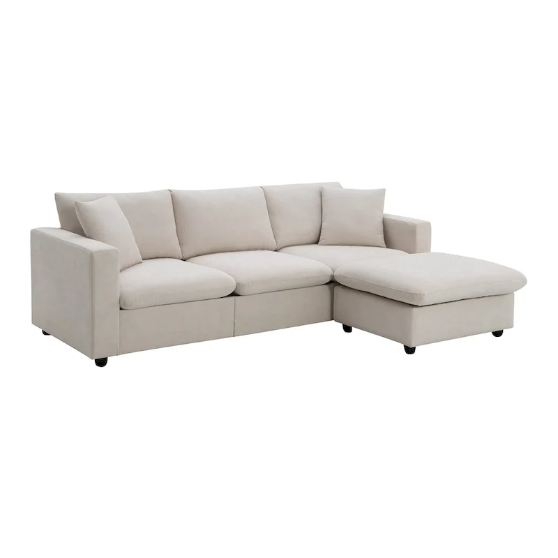 L-shaped Polyester Fabric Couch Set with 2 Free Pillows and Convertible Ottoman
